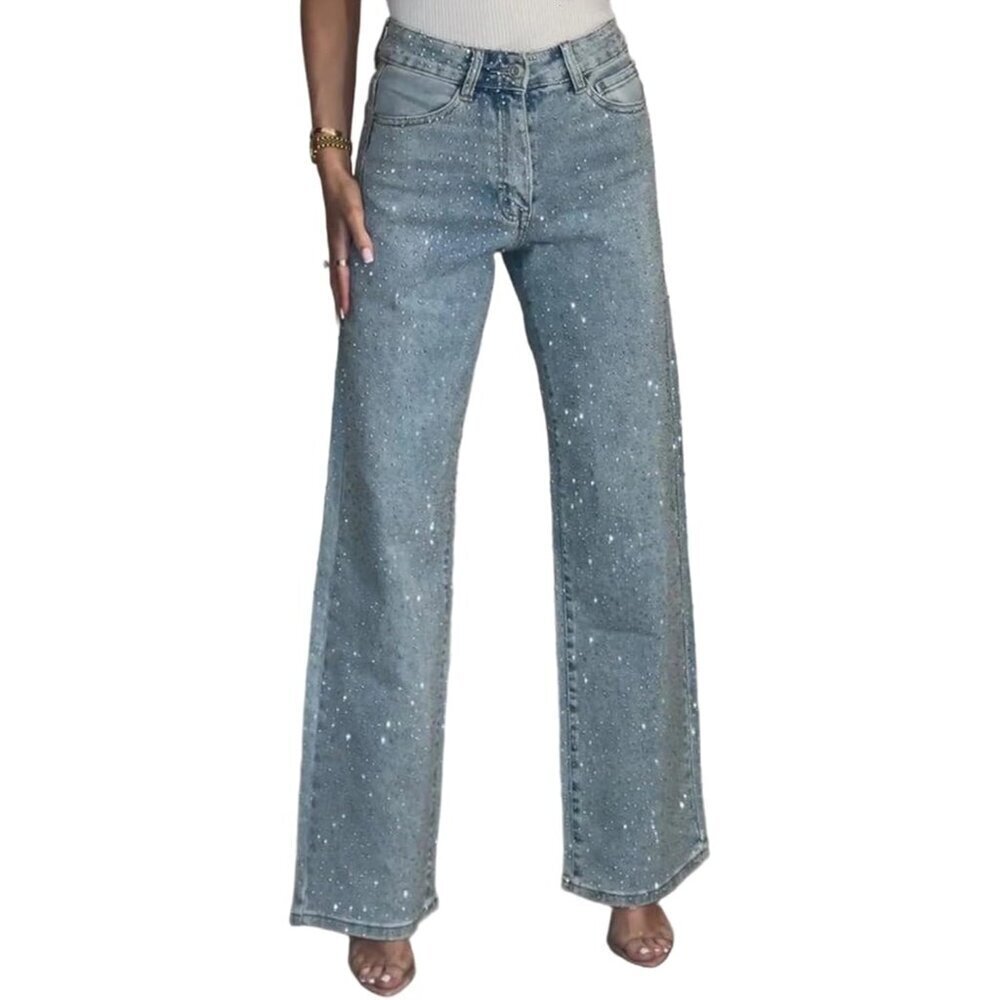 Womens High Waisted Rhinestone Baggy Straight Wide Leg Jeans Casual Denim